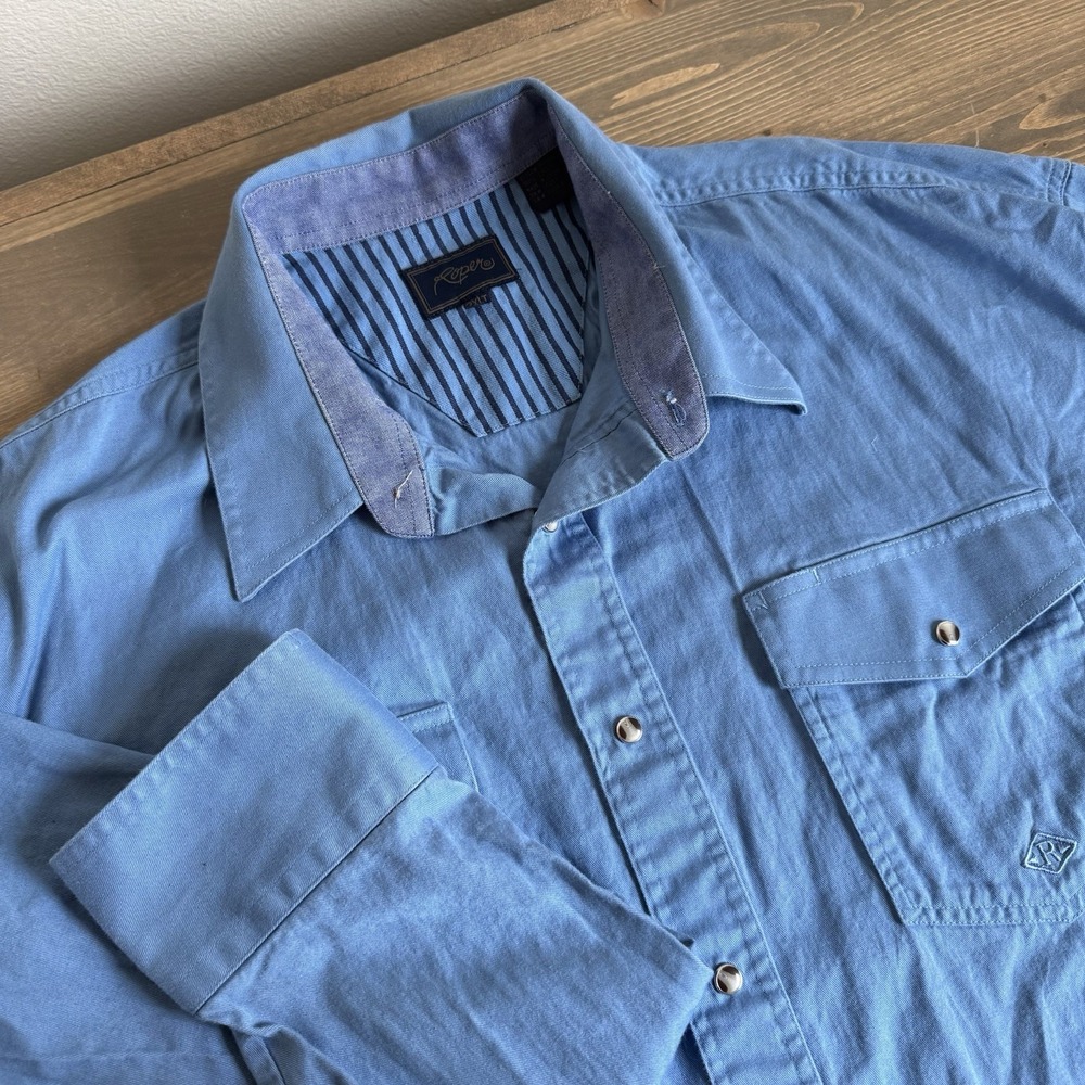 Roper Men's 2XLT Tall Blue Long Sleeve Snap‎ Up Shirt Western Cotton